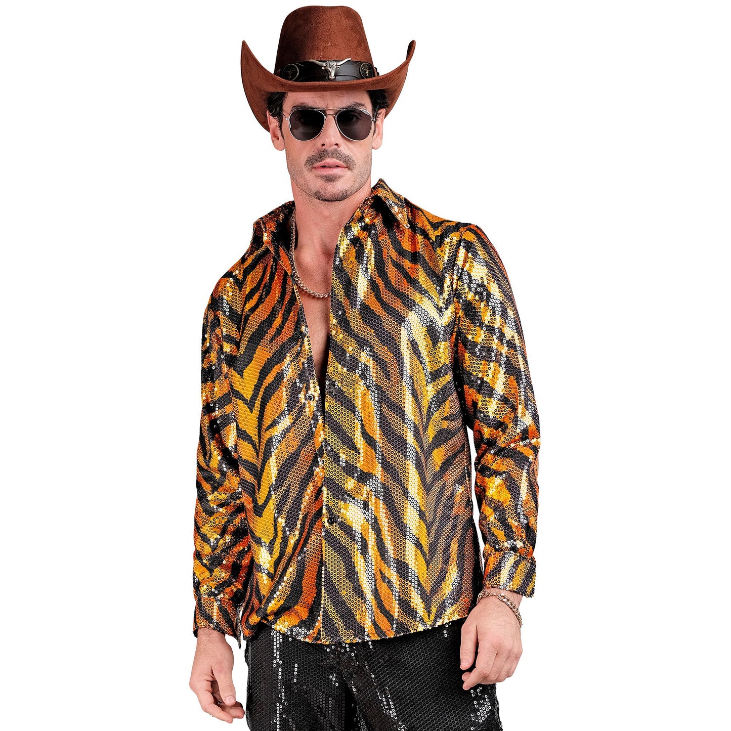 "PARTY FASHION HEMD" (Paillettenhemd in Tigermuster) – Detailansicht