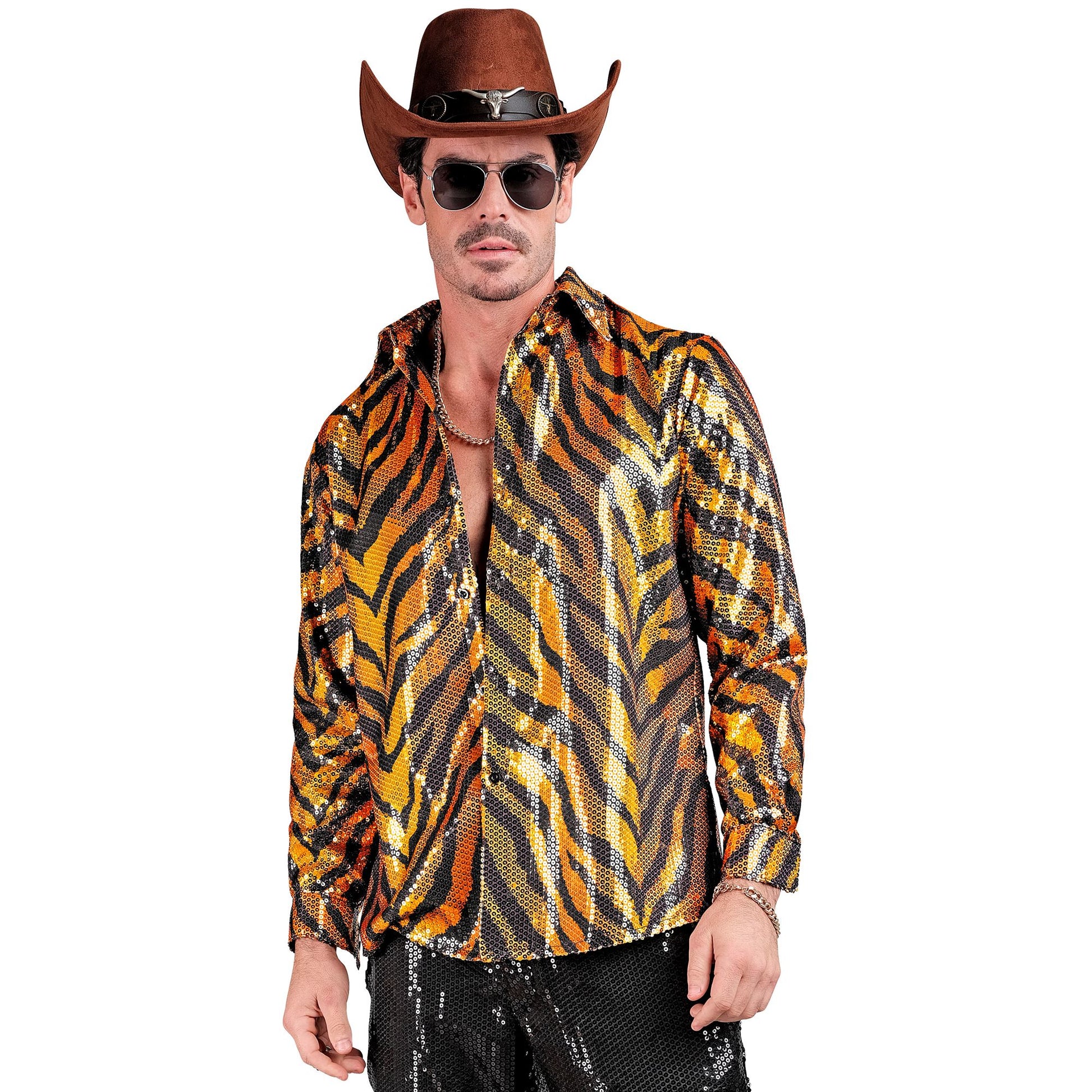"PARTY FASHION HEMD" (Paillettenhemd in Tigermuster) – Detailansicht