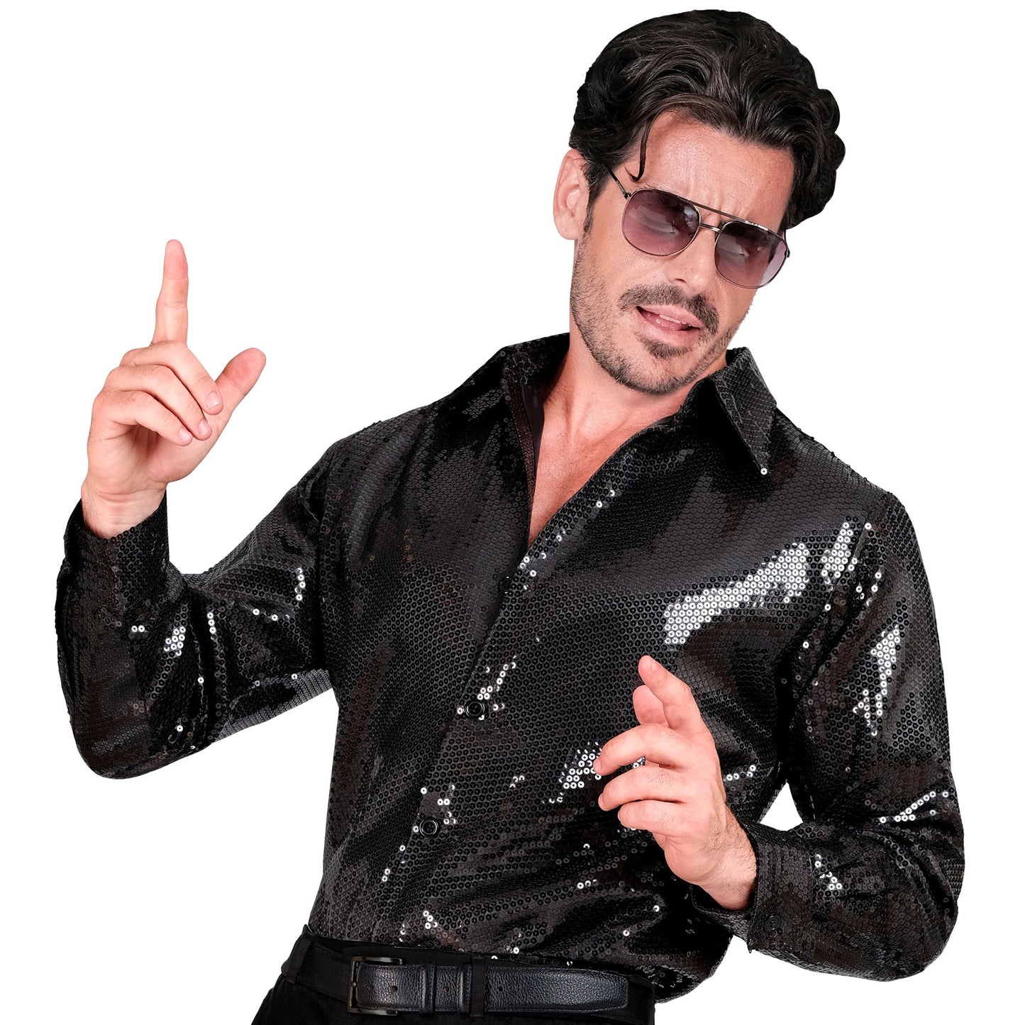 "PARTY FASHION HEMD" (Paillettenhemd schwarz) – Vorderansicht