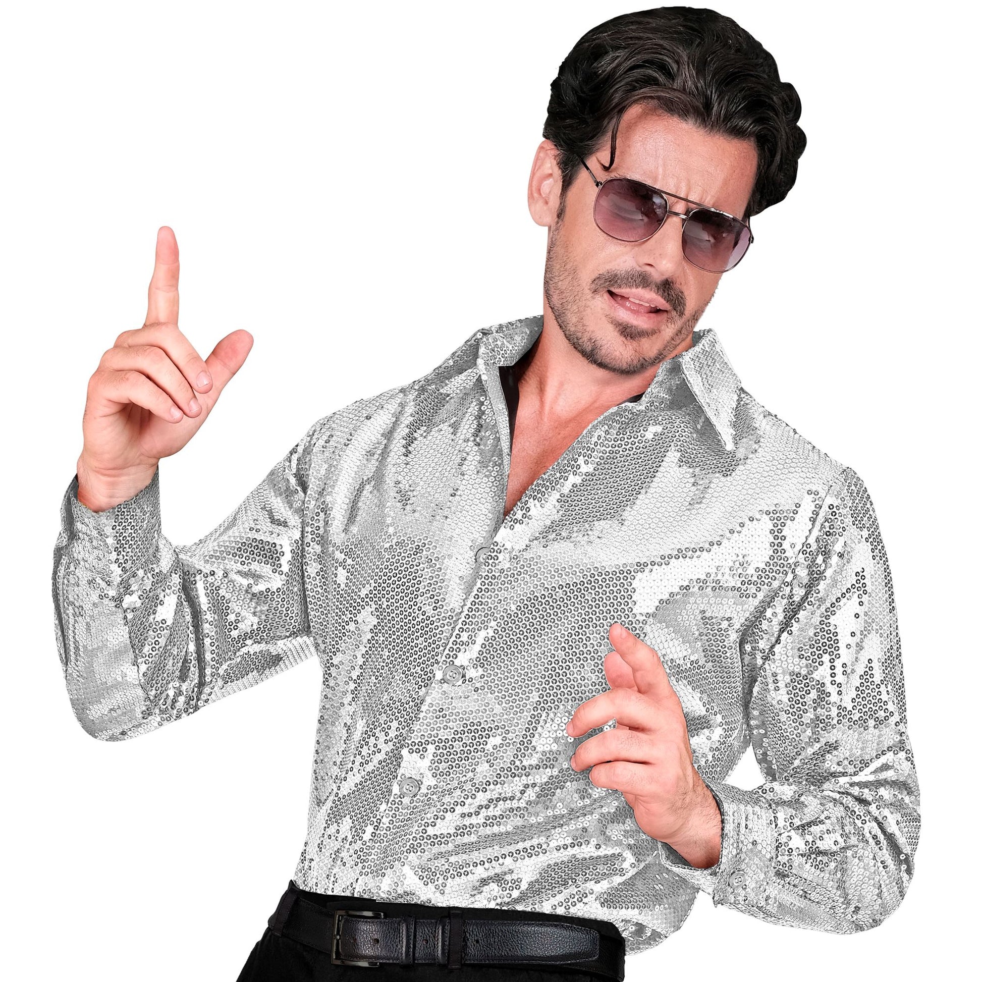 "PARTY FASHION HEMD" (Paillettenhemd silber) – Vorderansicht