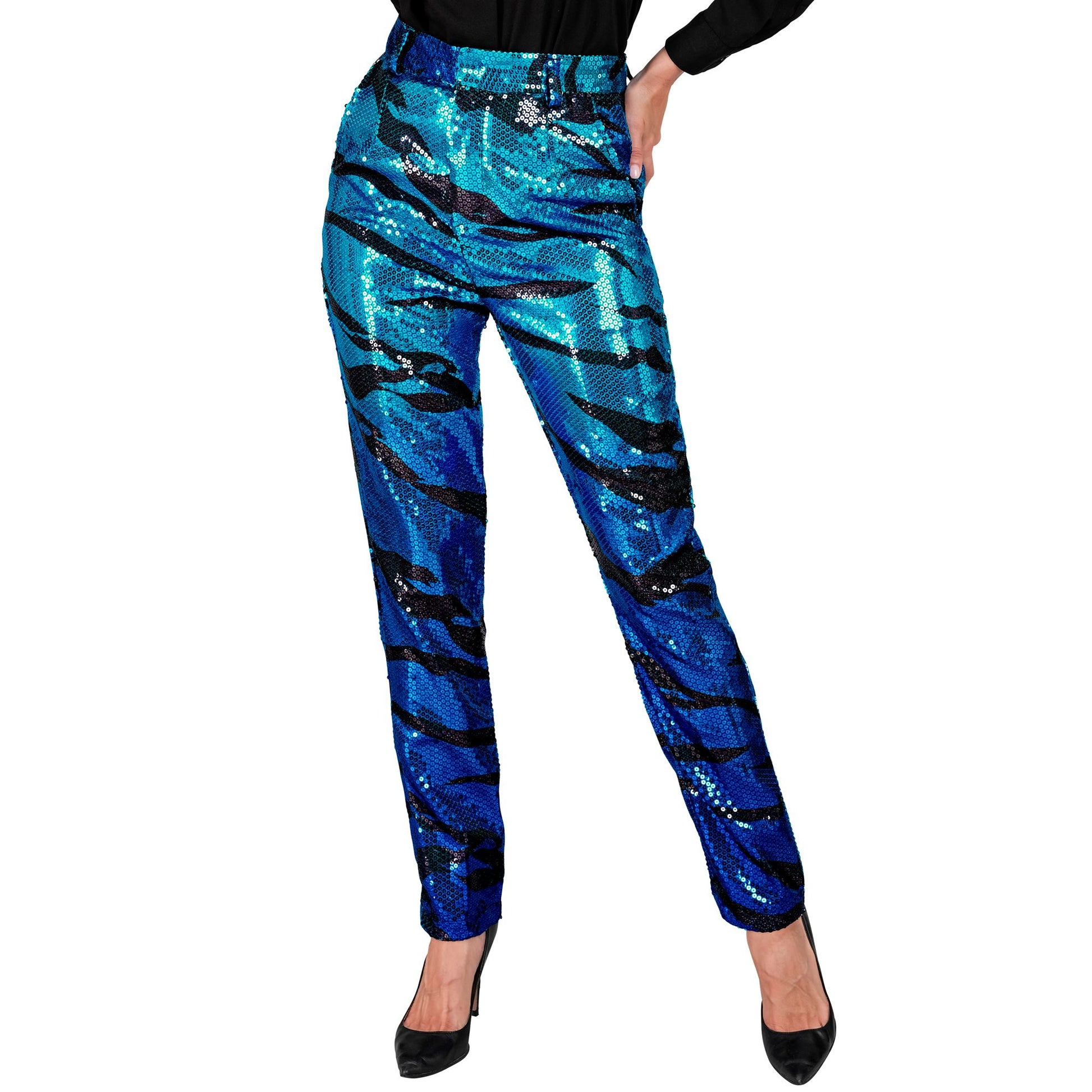 "PARTY FASHION HOSE" (Paillettenhose in blue waves Muster) – Vorderansicht