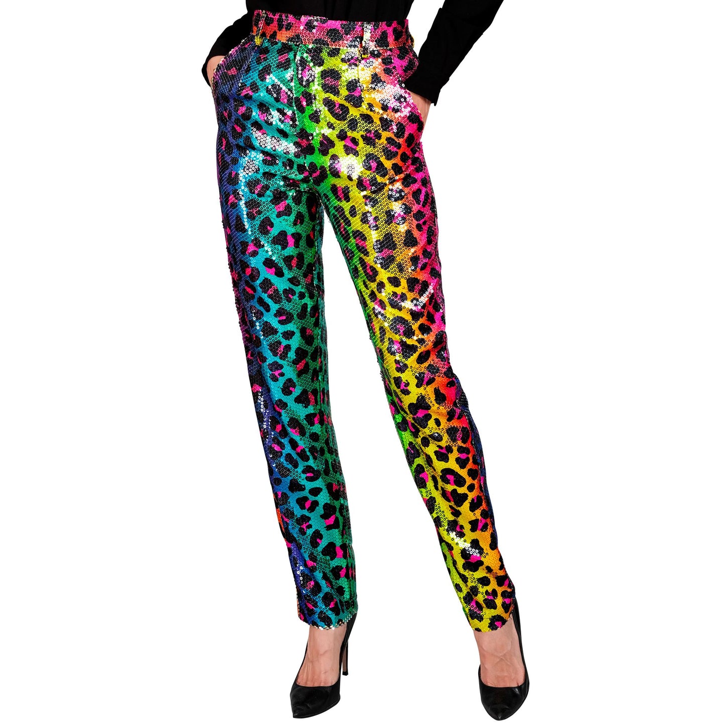 "PARTY FASHION HOSE" (Paillettenhose in Leopardenmuster Regenbogen) – Vorderansicht