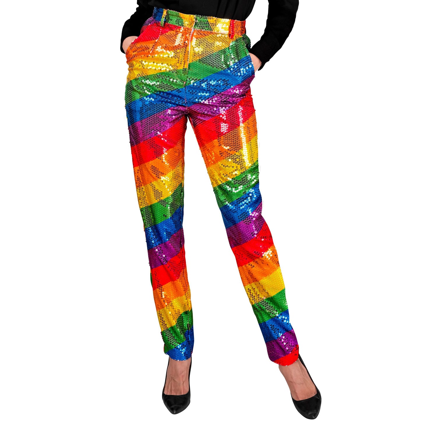"PARTY FASHION HOSE" (Paillettenhose in Regenbogen Muster) – Vorderansicht