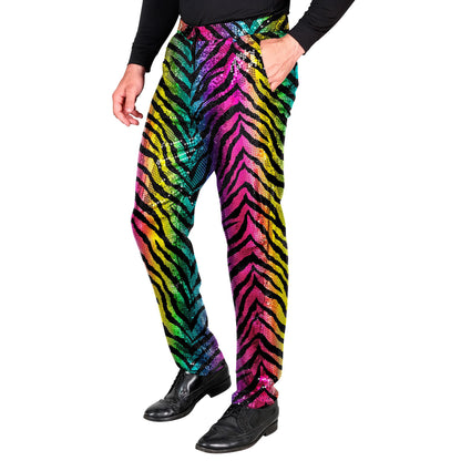 "PARTY FASHION HOSE" (Paillettenhose in Tigermuster Regenbogen) – Vorderansicht