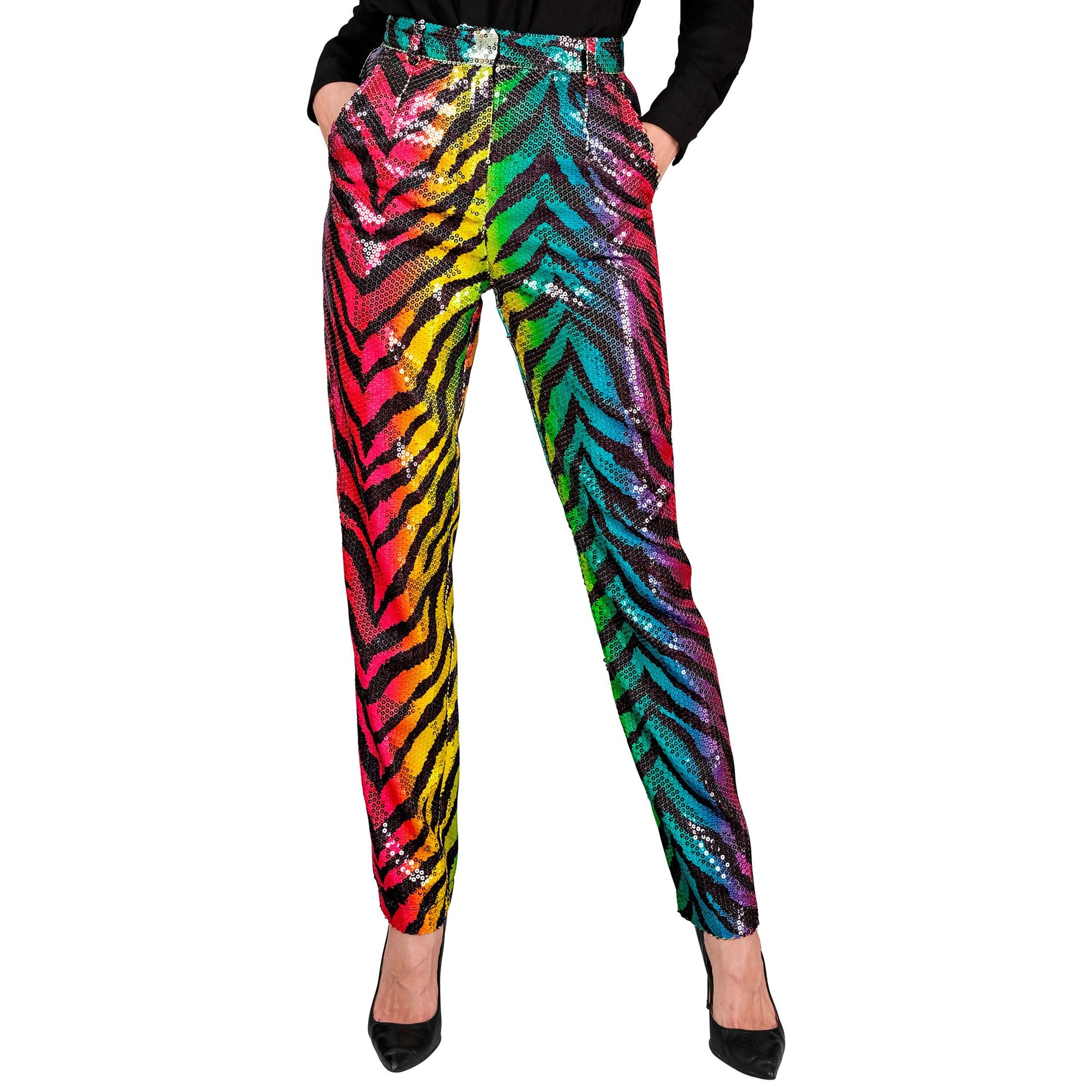 "PARTY FASHION HOSE" (Paillettenhose in Tigermuster Regenbogen) – Vorderansicht