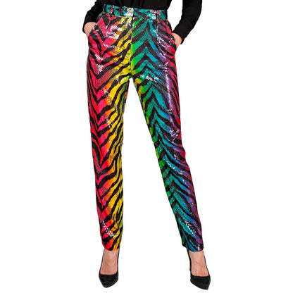 "PARTY FASHION HOSE" (Paillettenhose in Tigermuster Regenbogen) – Vorderansicht