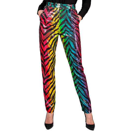 "PARTY FASHION HOSE" (Paillettenhose in Tigermuster Regenbogen) – Vorderansicht