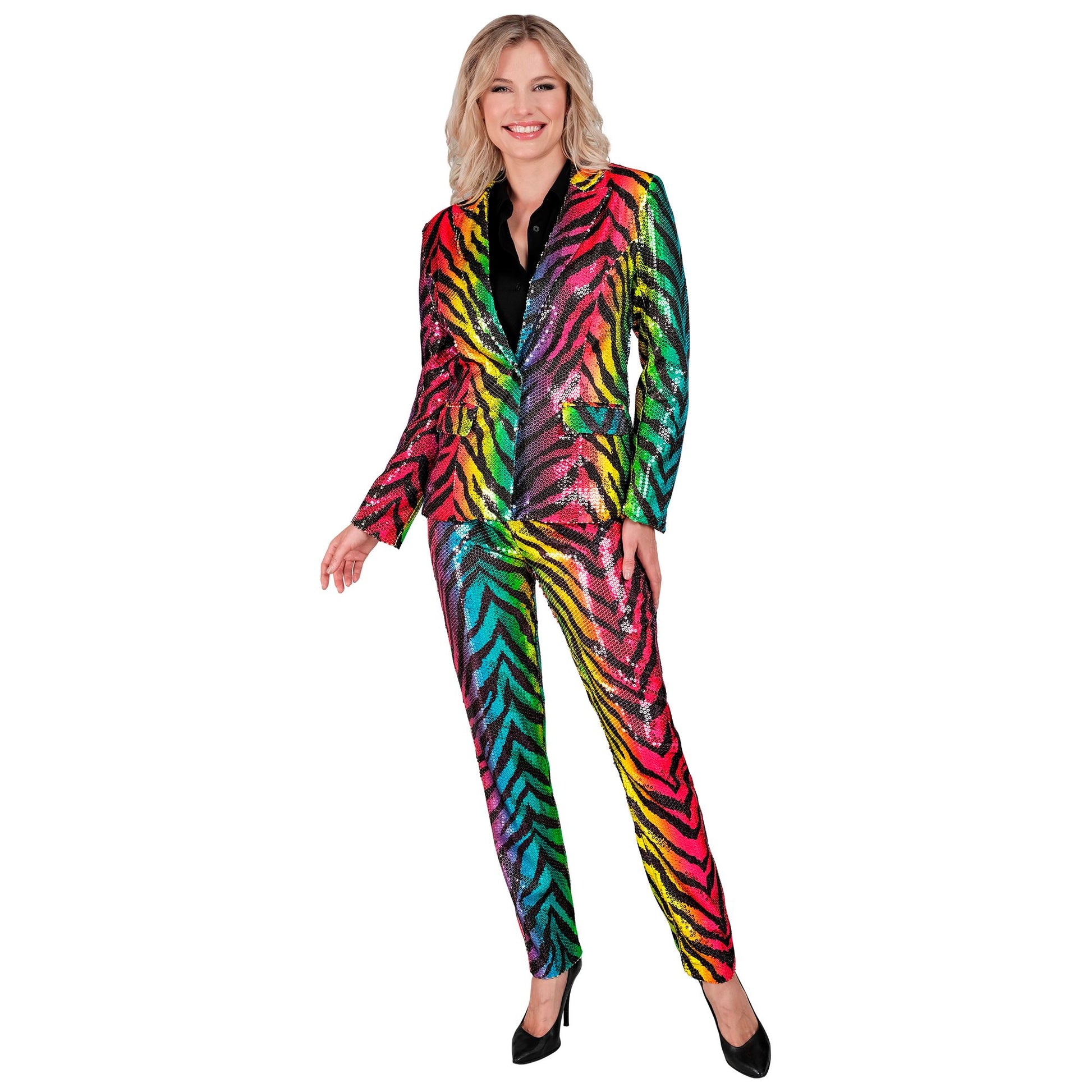 "PARTY FASHION HOSE" (Paillettenhose in Tigermuster Regenbogen) – Detailansicht