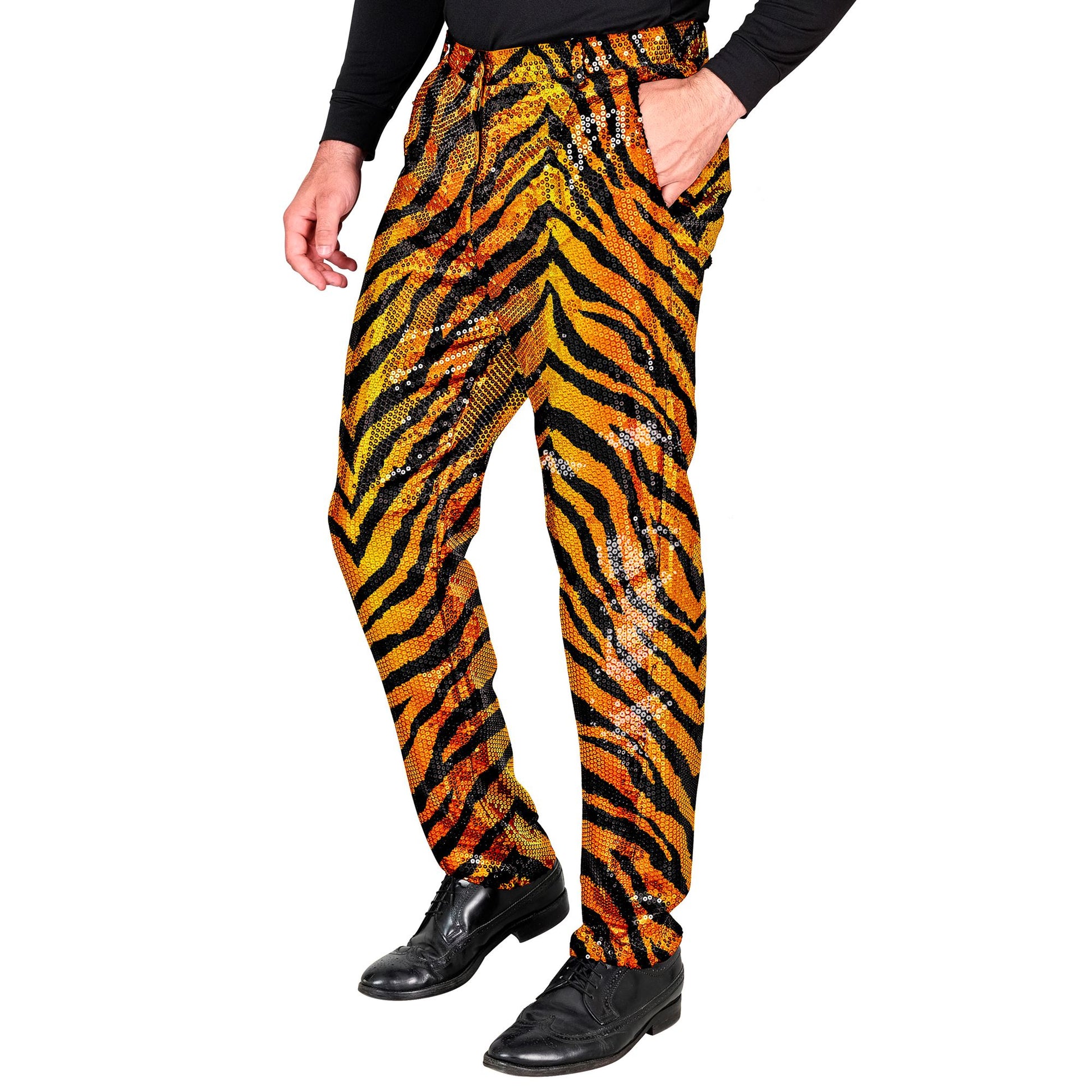 "PARTY FASHION HOSE" (Paillettenhose in Tigermuster) – Vorderansicht