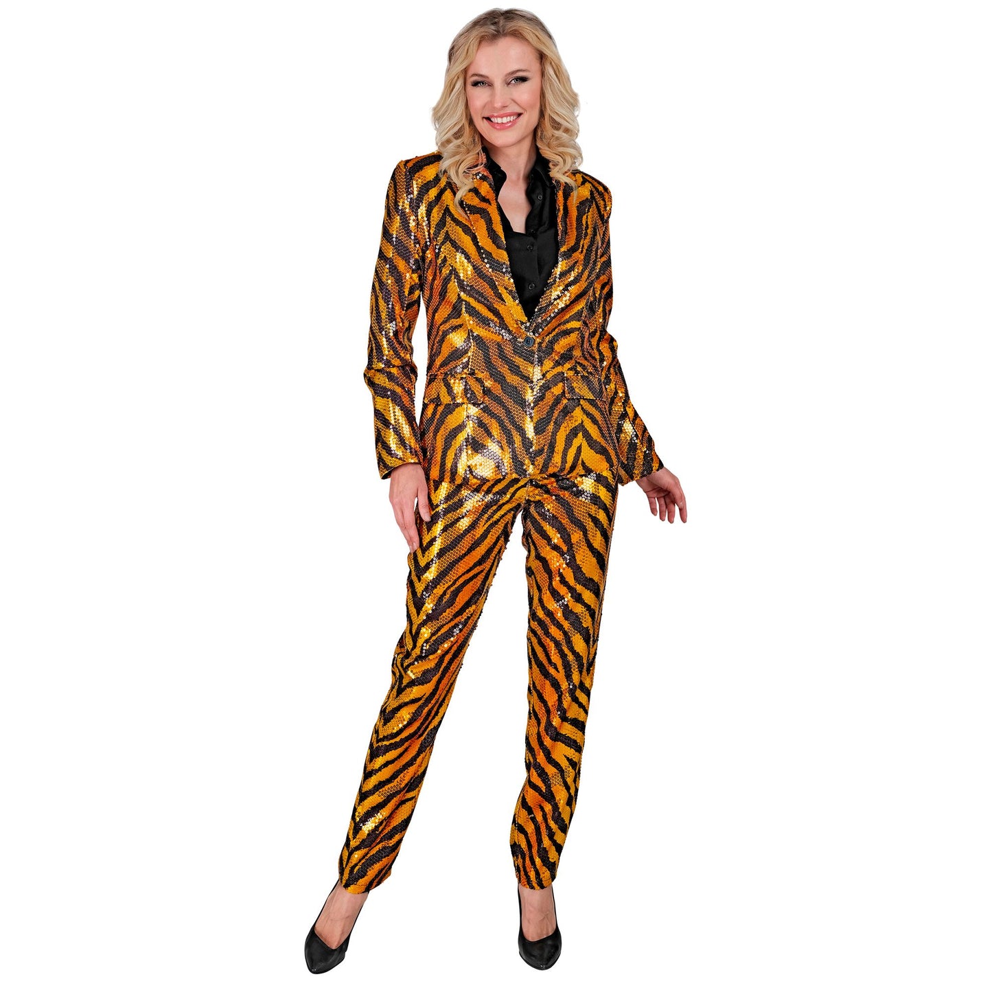"PARTY FASHION HOSE" (Paillettenhose in Tigermuster) – Detailansicht