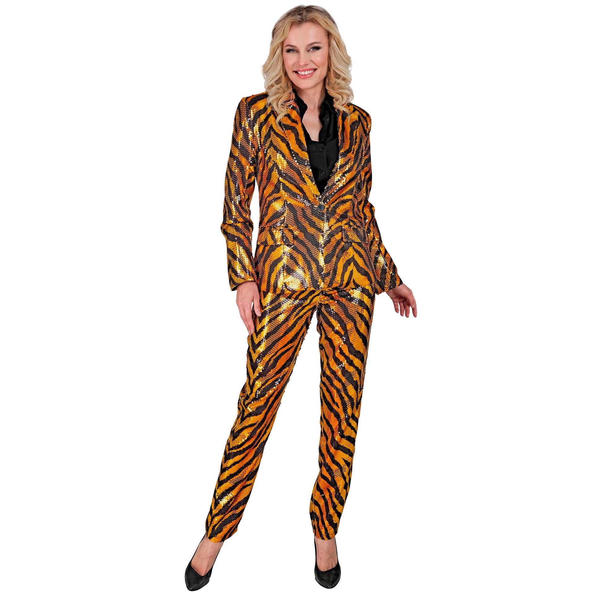 "PARTY FASHION HOSE" (Paillettenhose in Tigermuster) – Detailansicht