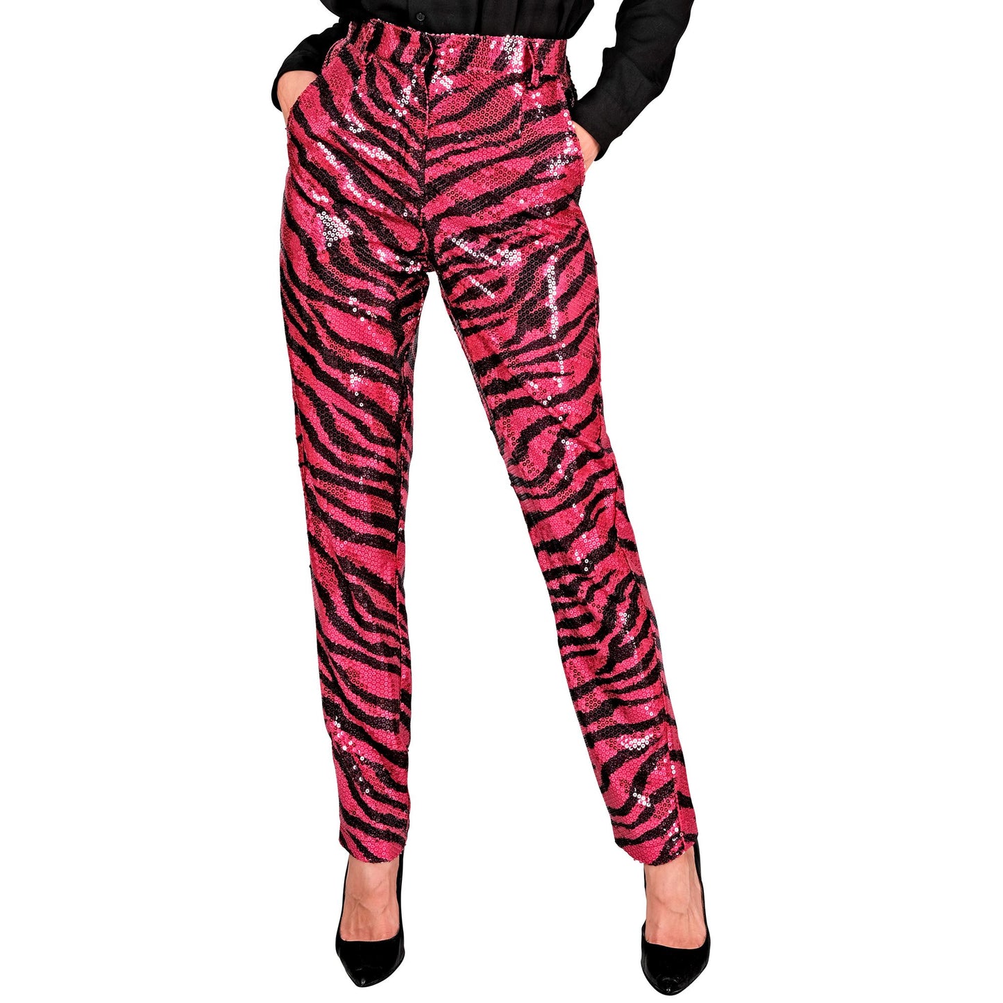 "PARTY FASHION HOSE" (Paillettenhose in Zebramuster pink) – Vorderansicht