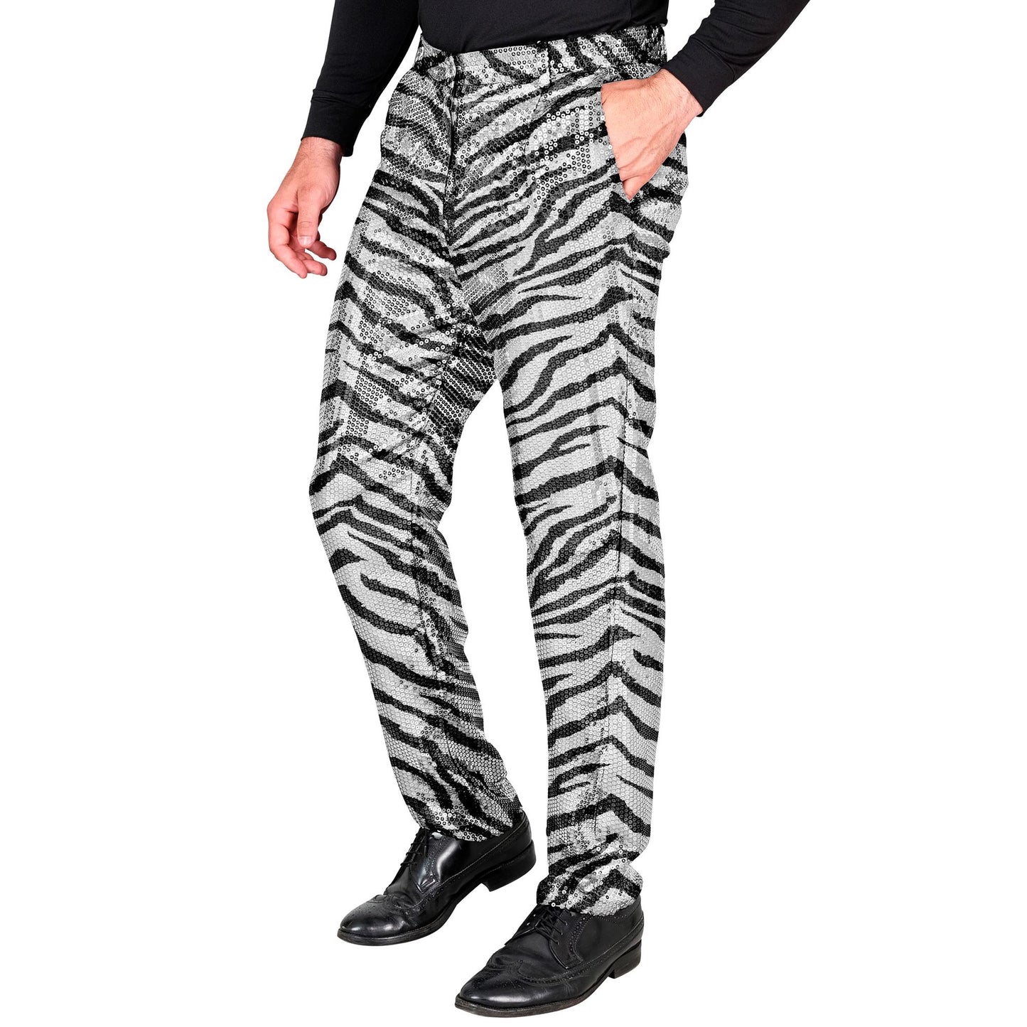 "PARTY FASHION HOSE" (Paillettenhose in Zebramuster) – Vorderansicht