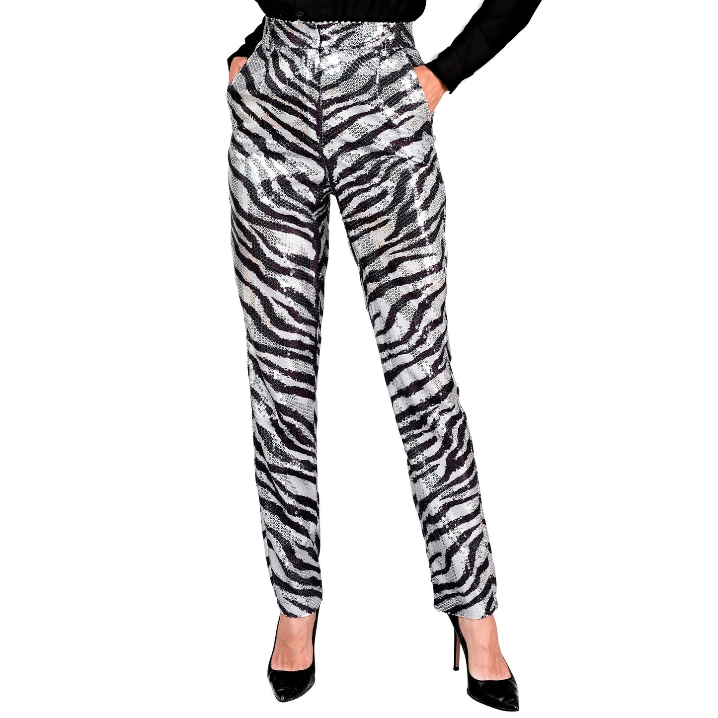 "PARTY FASHION HOSE" (Paillettenhose in Zebramuster) – Vorderansicht