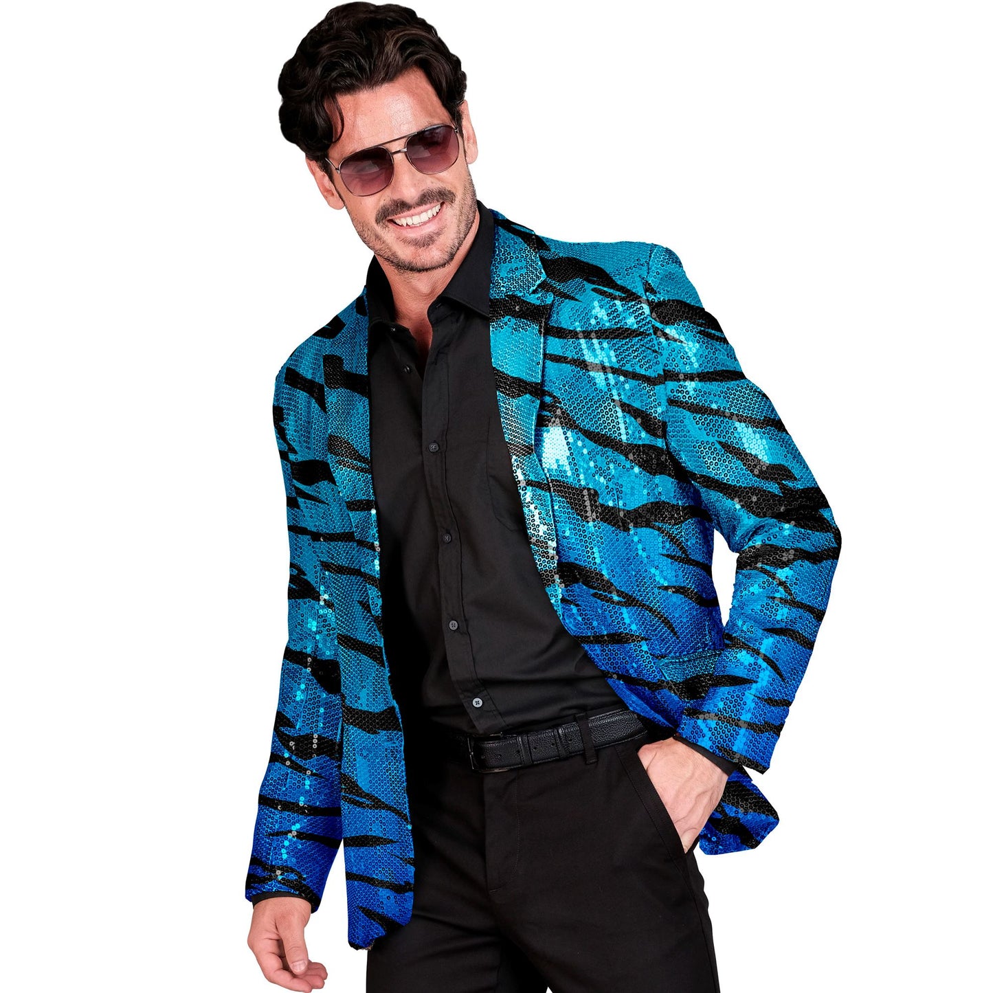 "PARTY FASHION JACKETT" (Pailletten Jackett in blue waves Muster) – Vorderansicht