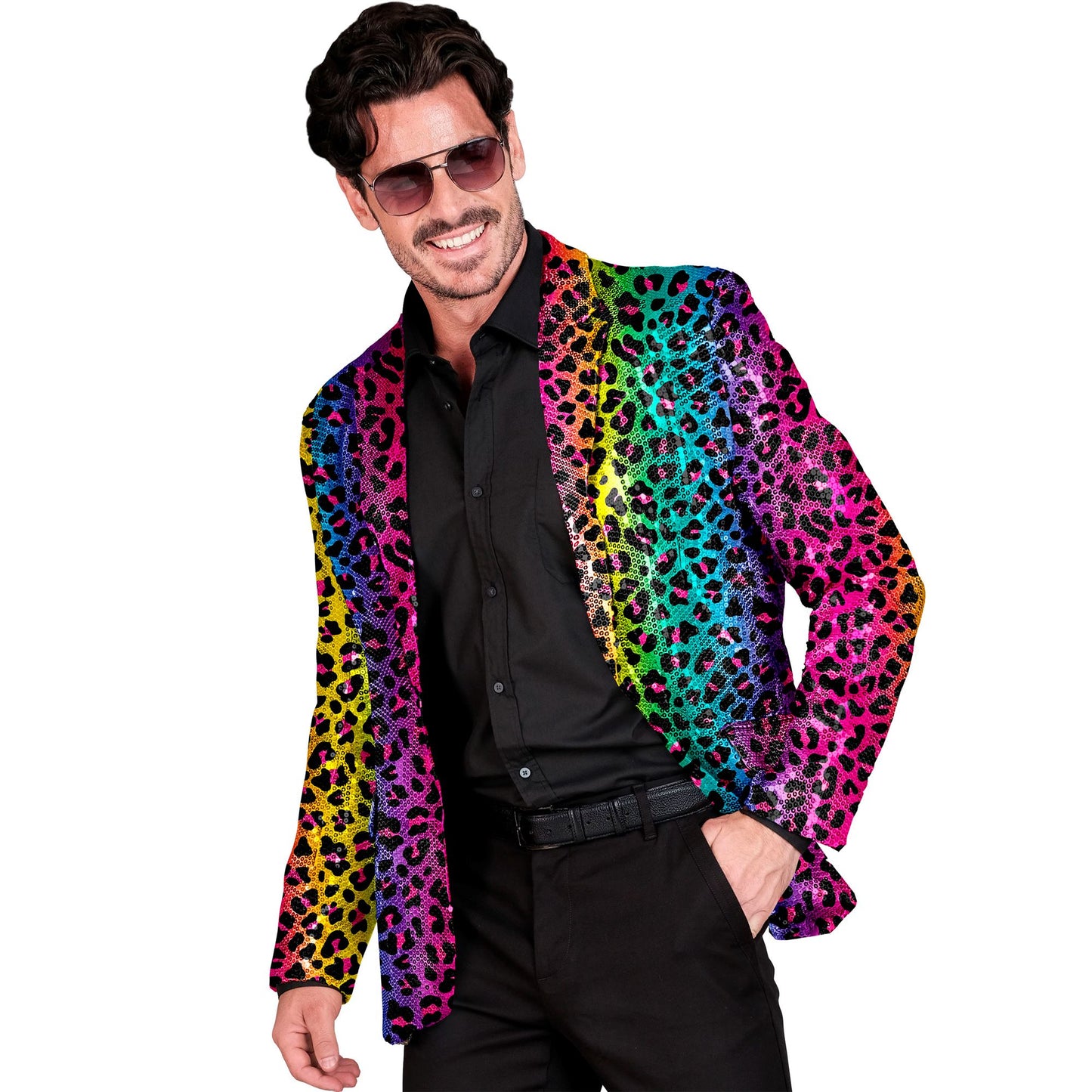 "PARTY FASHION JACKETT" (Pailletten Jackett in Leopardenmuster Regenbogen) – Vorderansicht