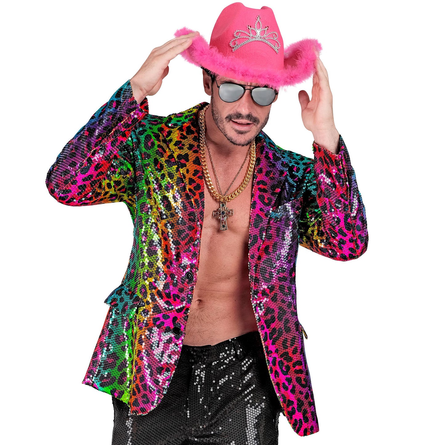 "PARTY FASHION JACKETT" (Pailletten Jackett in Leopardenmuster Regenbogen) – Detailansicht