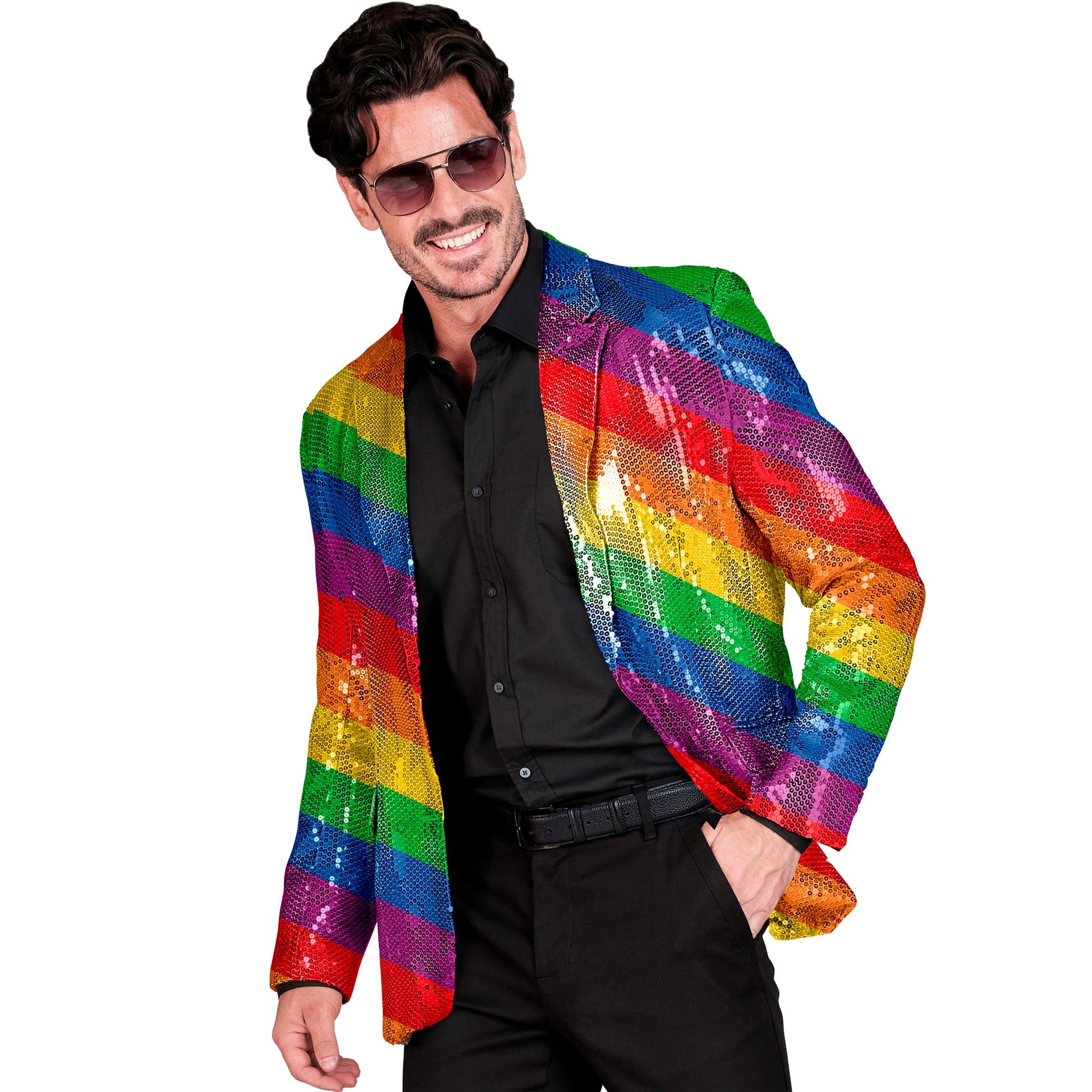 "PARTY FASHION JACKETT" (Pailletten Jackett in Regenbogen Muster) – Vorderansicht