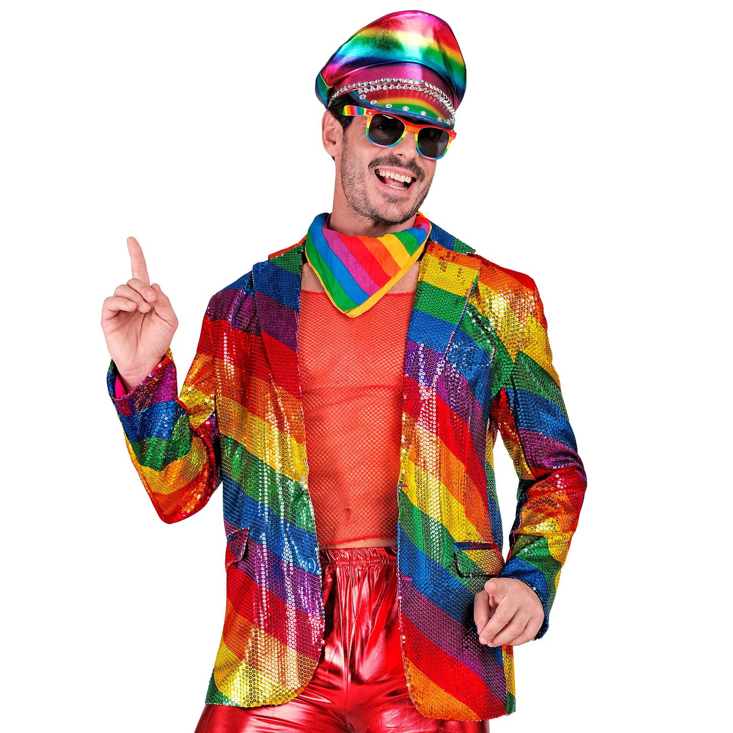 "PARTY FASHION JACKETT" (Pailletten Jackett in Regenbogen Muster) – Detailansicht