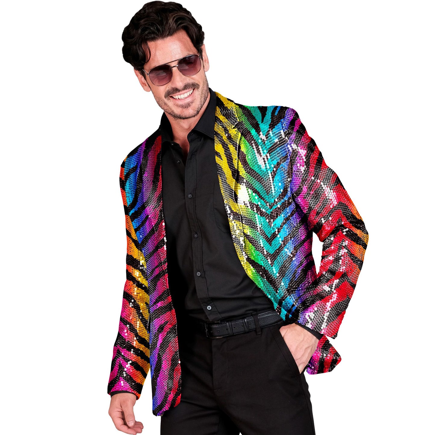 "PARTY FASHION JACKETT" (Pailletten Jackett in Tigermuster Regenbogen) – Vorderansicht