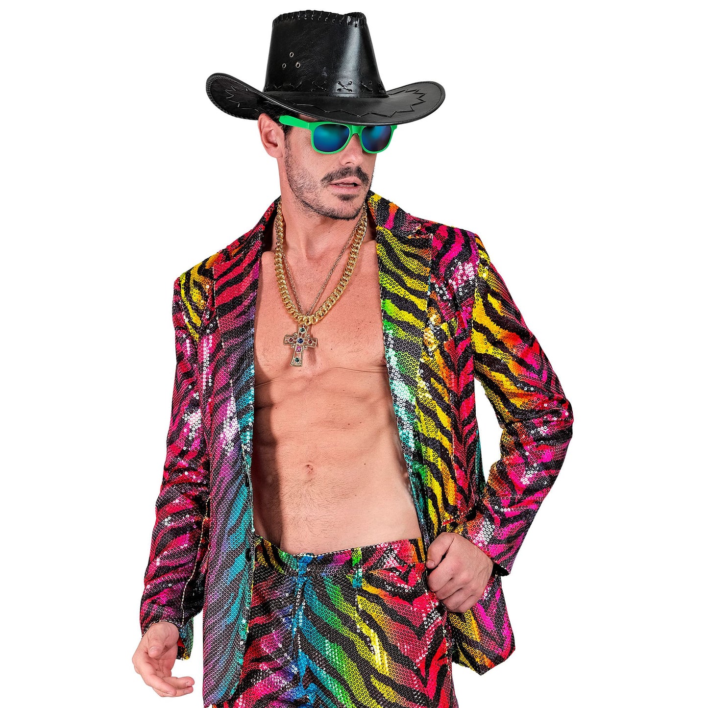 "PARTY FASHION JACKETT" (Pailletten Jackett in Tigermuster Regenbogen) – Detailansicht