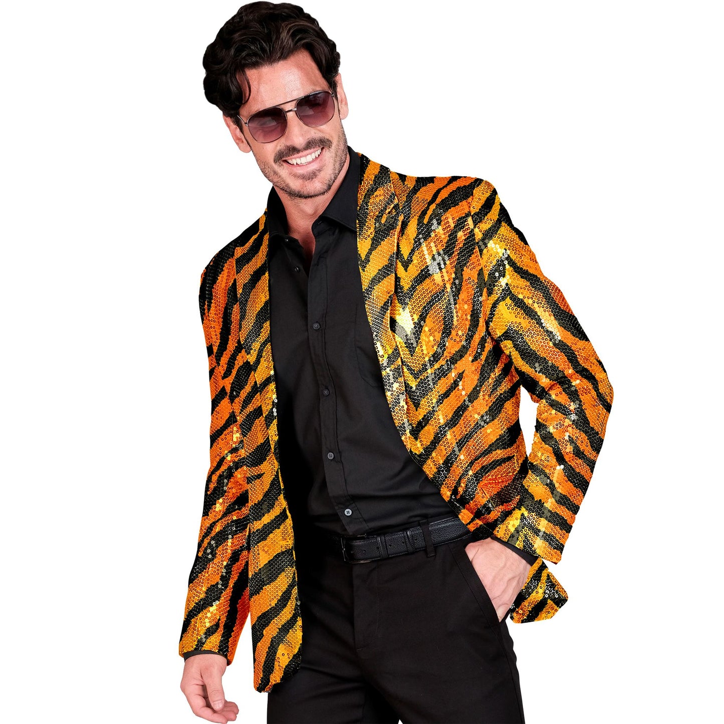 "PARTY FASHION JACKETT" (Pailletten Jackett in Tigermuster) – Vorderansicht