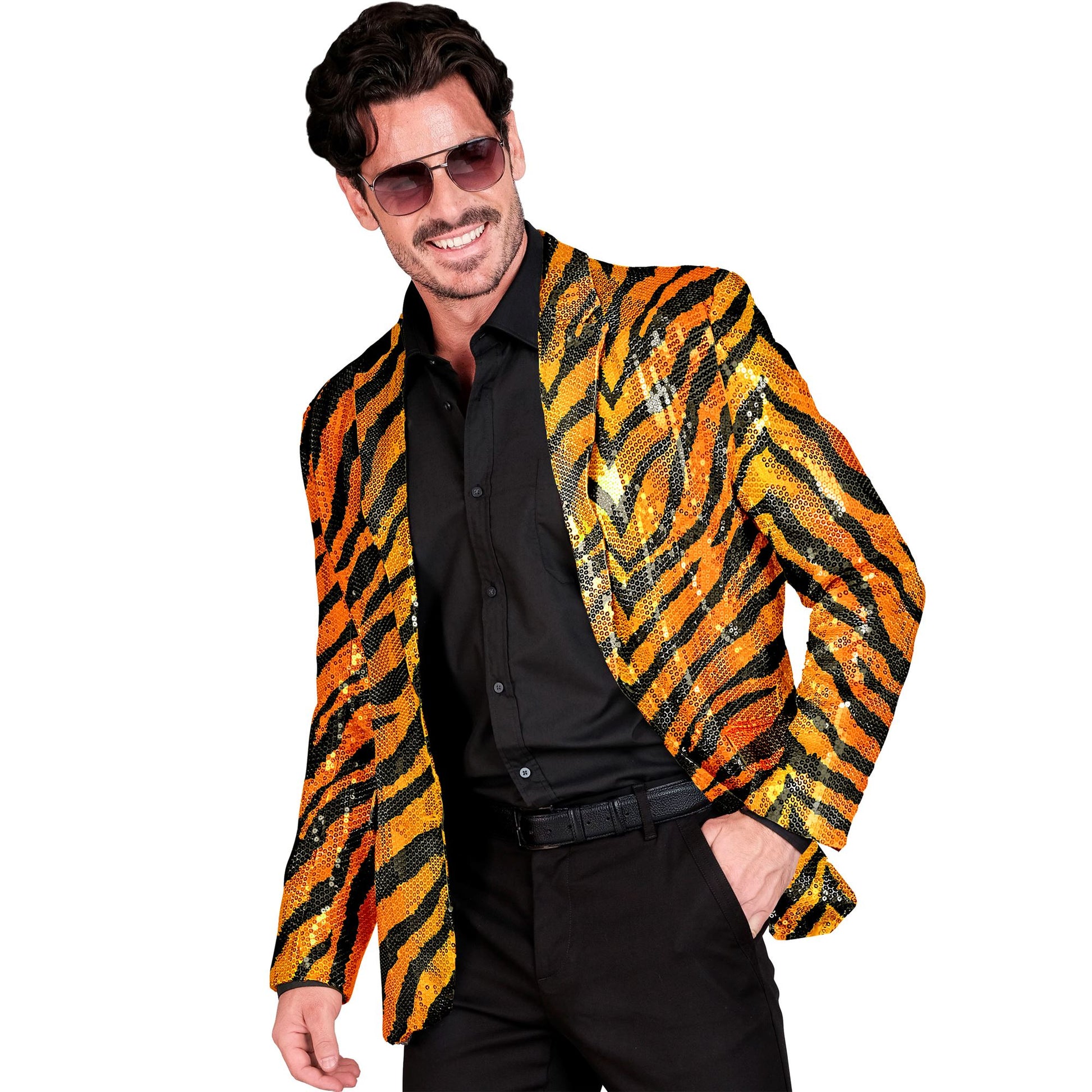 "PARTY FASHION JACKETT" (Pailletten Jackett in Tigermuster) – Vorderansicht