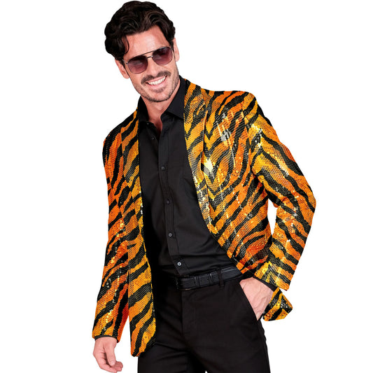 "PARTY FASHION JACKETT" (Pailletten Jackett in Tigermuster) – Vorderansicht