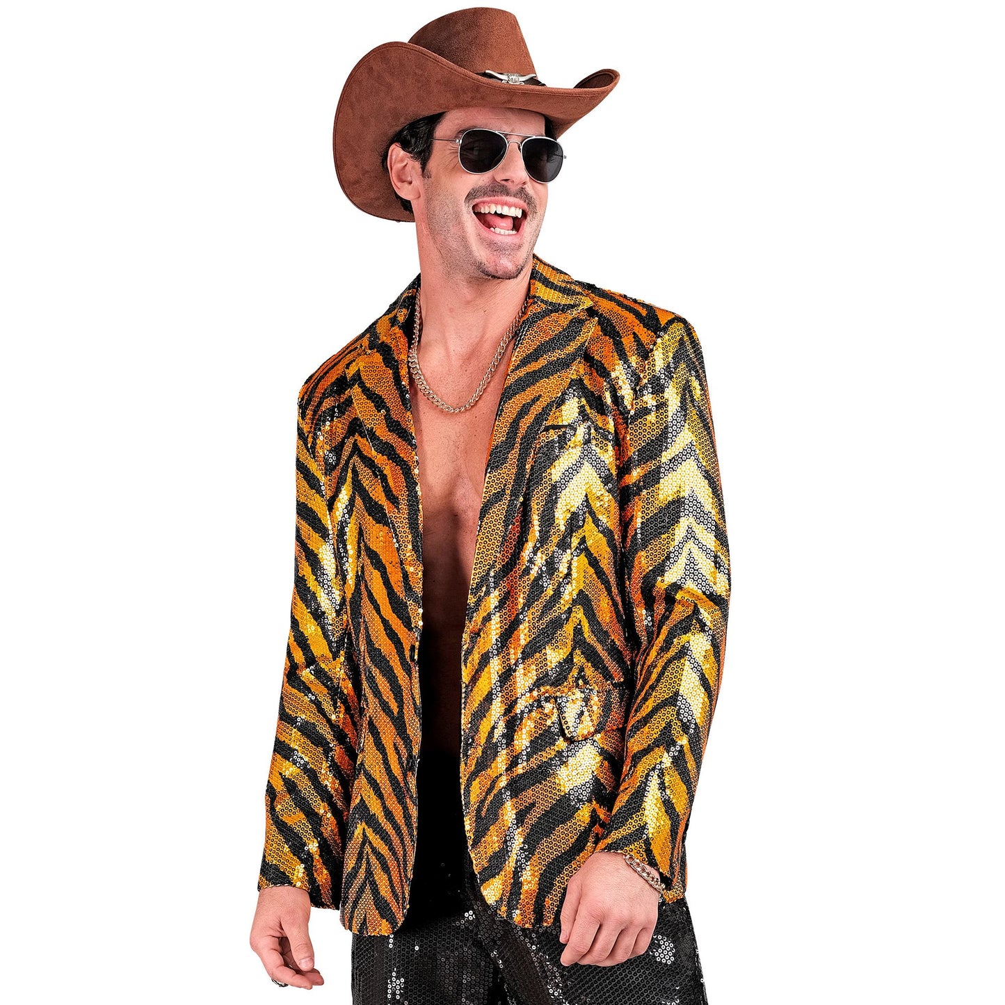 "PARTY FASHION JACKETT" (Pailletten Jackett in Tigermuster) – Detailansicht