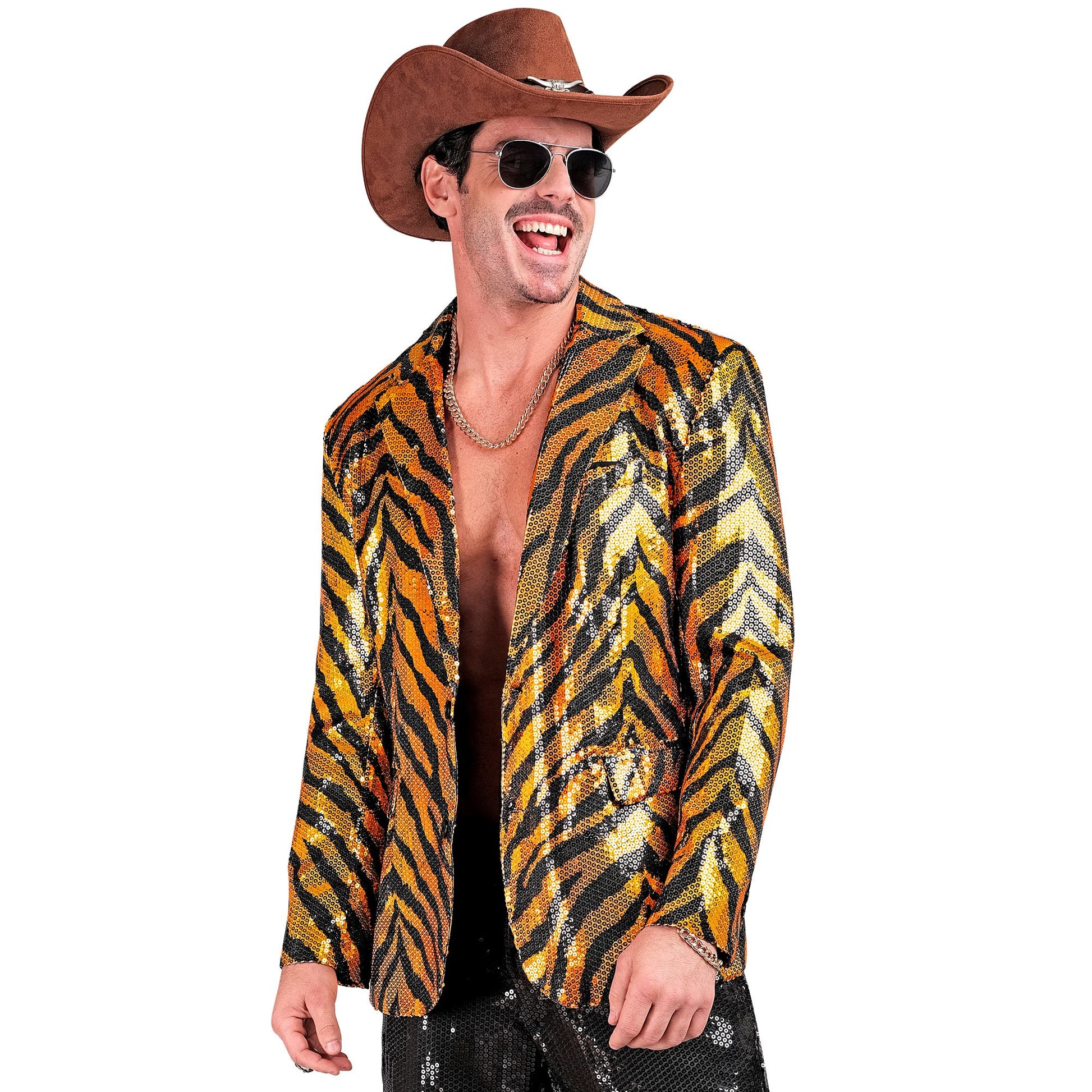 "PARTY FASHION JACKETT" (Pailletten Jackett in Tigermuster) – Detailansicht