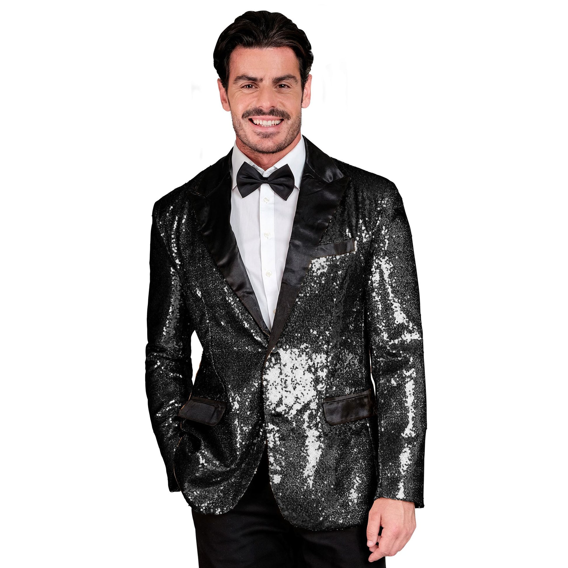"PARTY FASHION JACKETT" (Pailletten Jackett mit Satinkragen und -taschen schwarz) – Vorderansicht