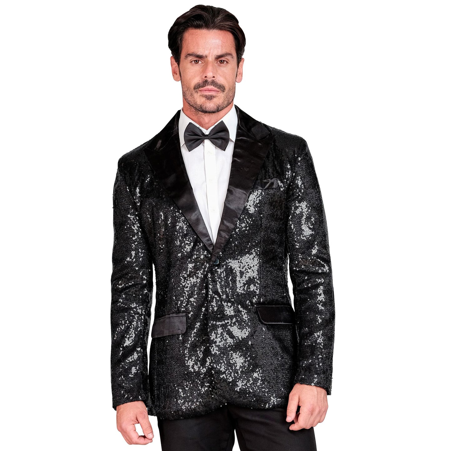 "PARTY FASHION JACKETT" (Pailletten Jackett mit Satinkragen und -taschen schwarz) – Detailansicht