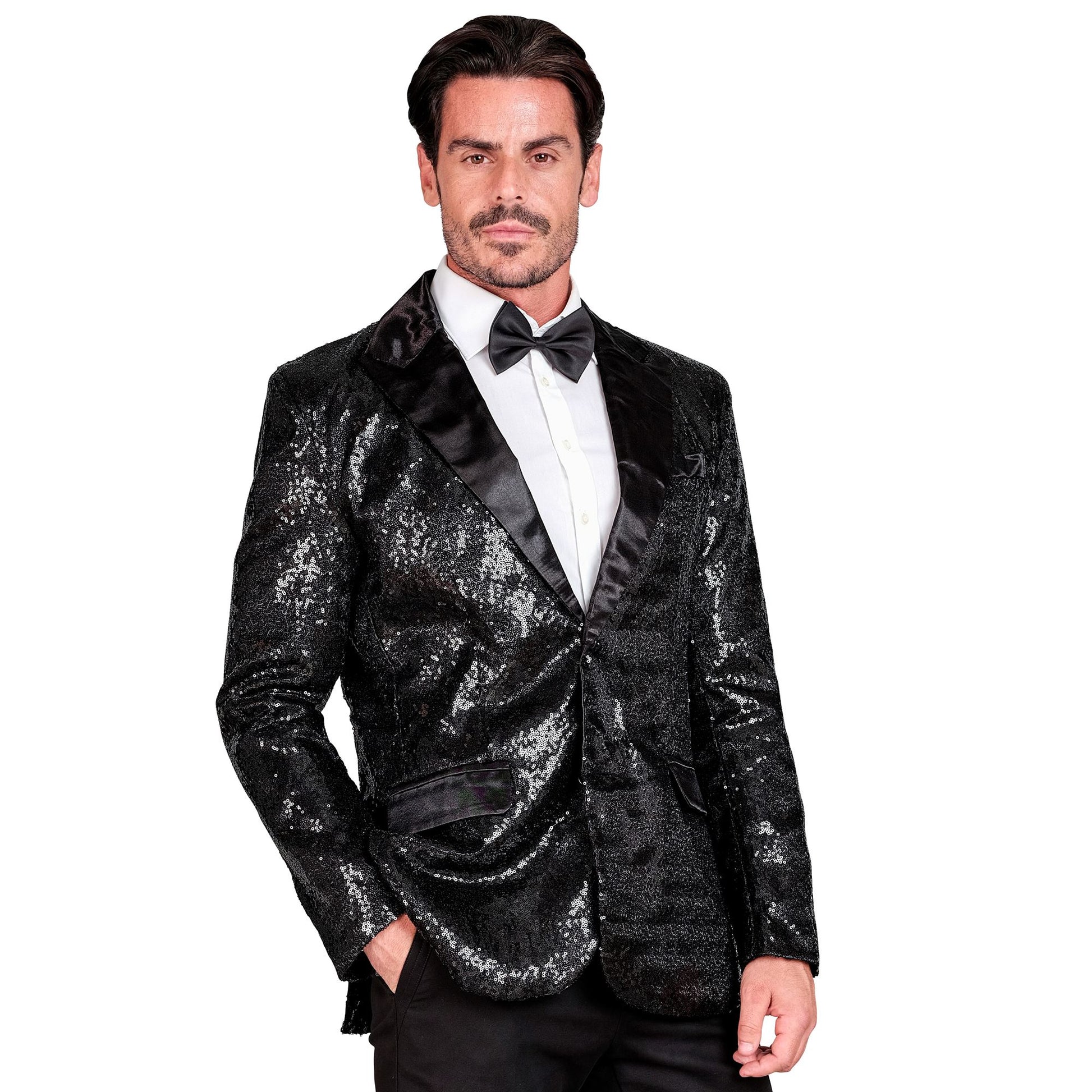 "PARTY FASHION JACKETT" (Pailletten Jackett mit Satinkragen und -taschen schwarz) – Ansicht 3