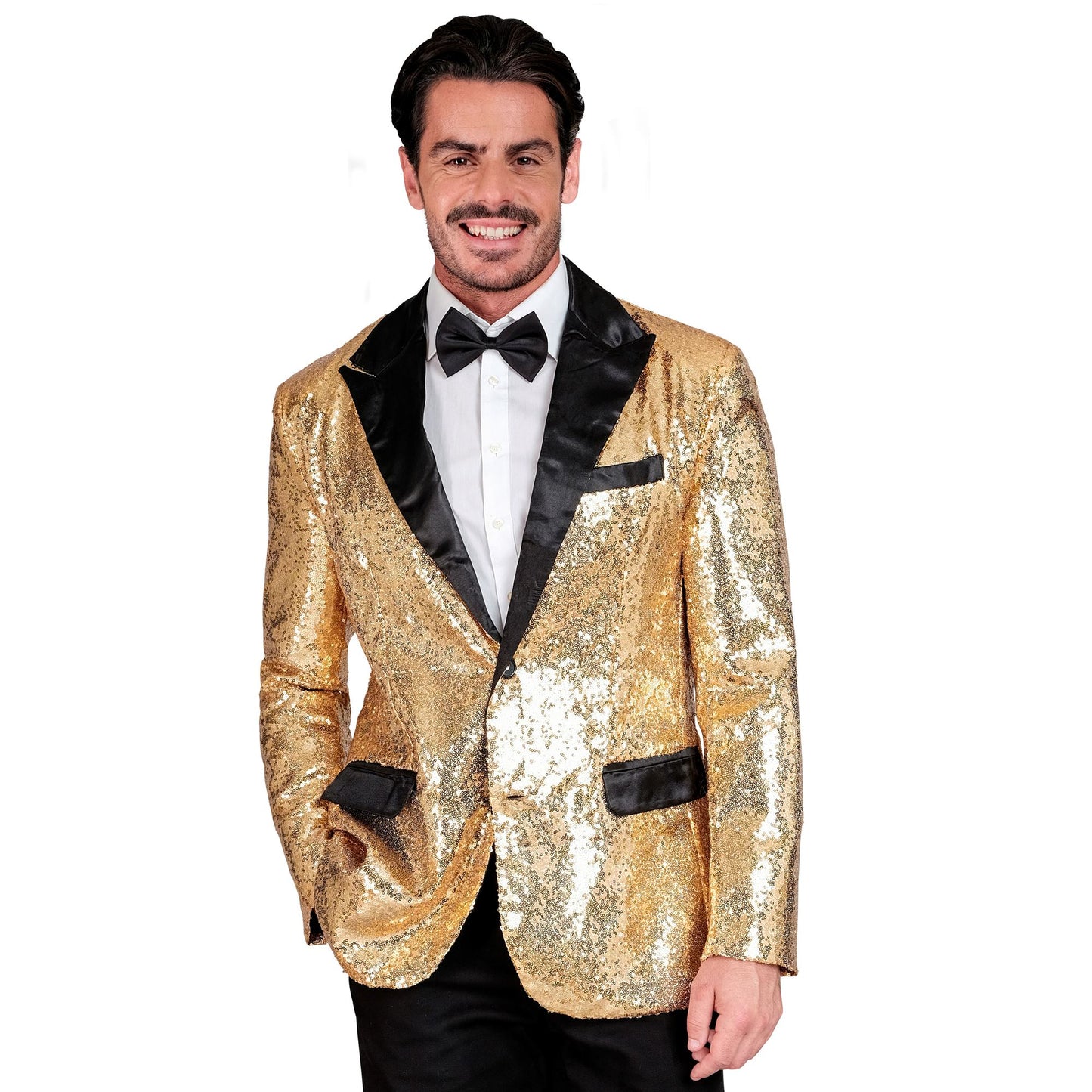 "PARTY FASHION JACKETT" (Pailletten Jackett mit Satinkragen und -taschen gold) – Vorderansicht