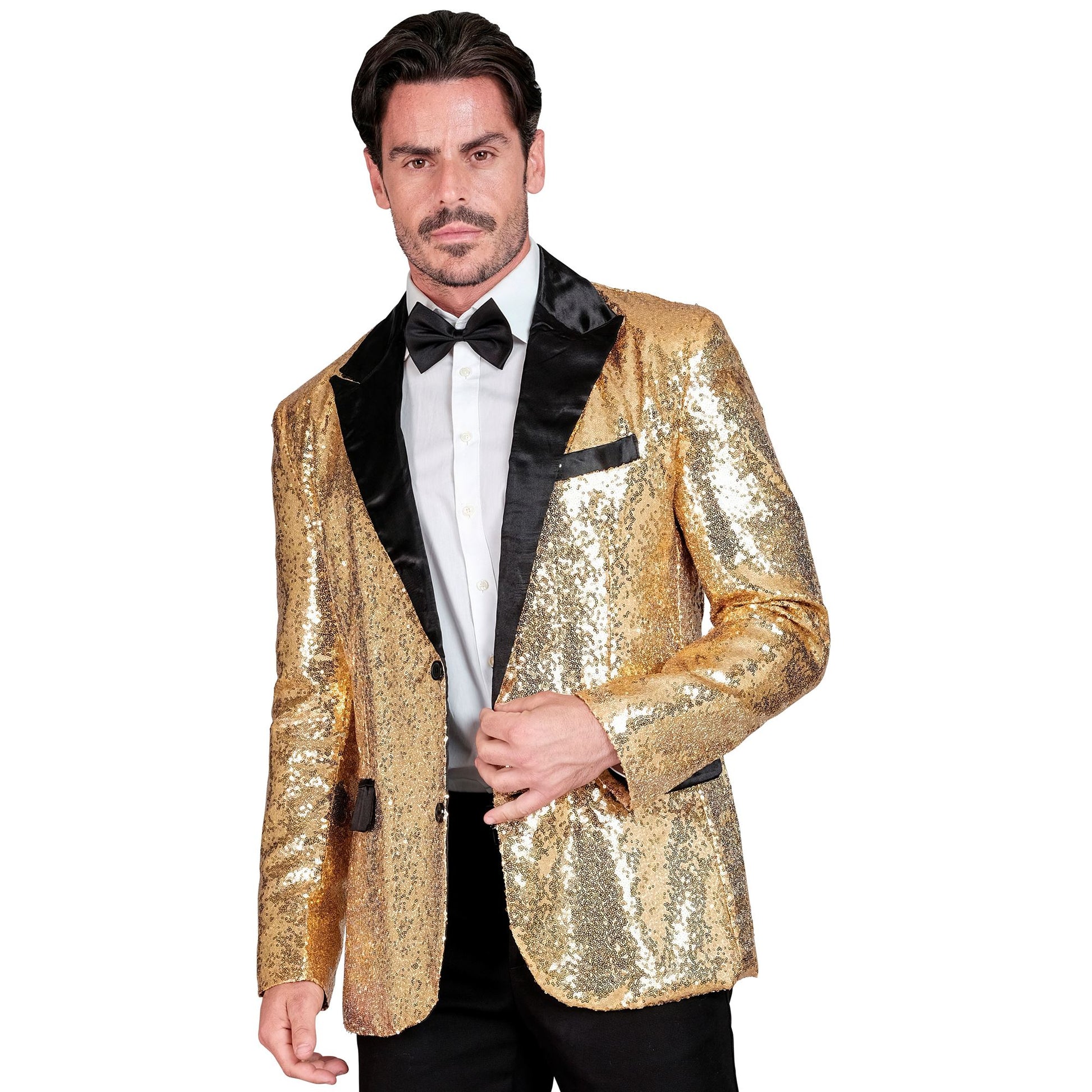 "PARTY FASHION JACKETT" (Pailletten Jackett mit Satinkragen und -taschen gold) – Detailansicht