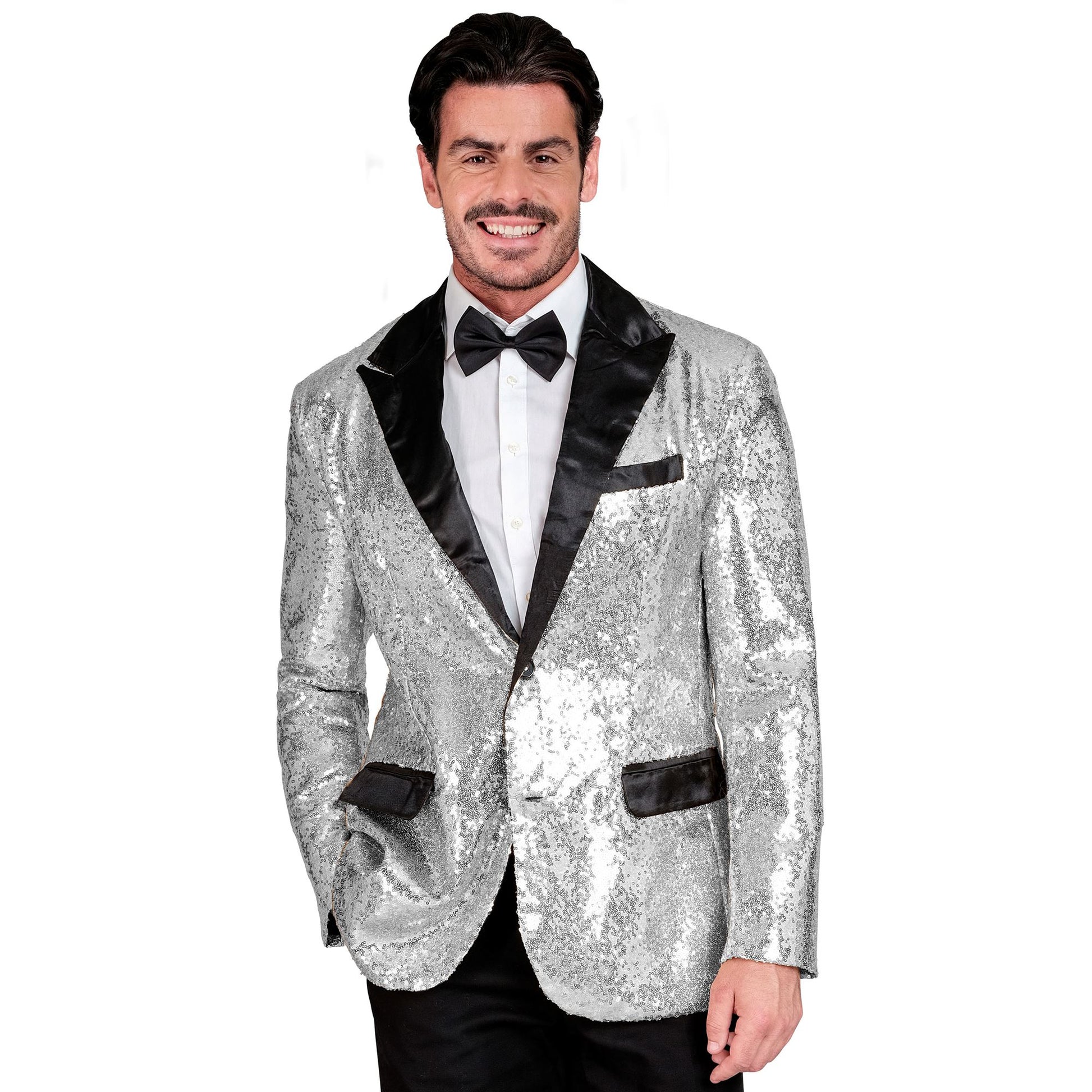 "PARTY FASHION JACKETT" (Pailletten Jackett mit Satinkragen und -taschen silber) – Vorderansicht