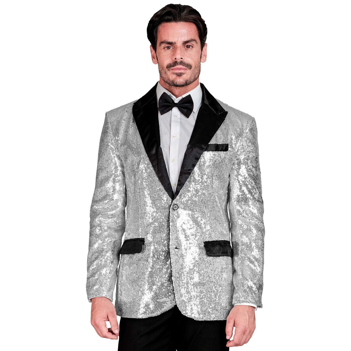 "PARTY FASHION JACKETT" (Pailletten Jackett mit Satinkragen und -taschen silber) – Detailansicht