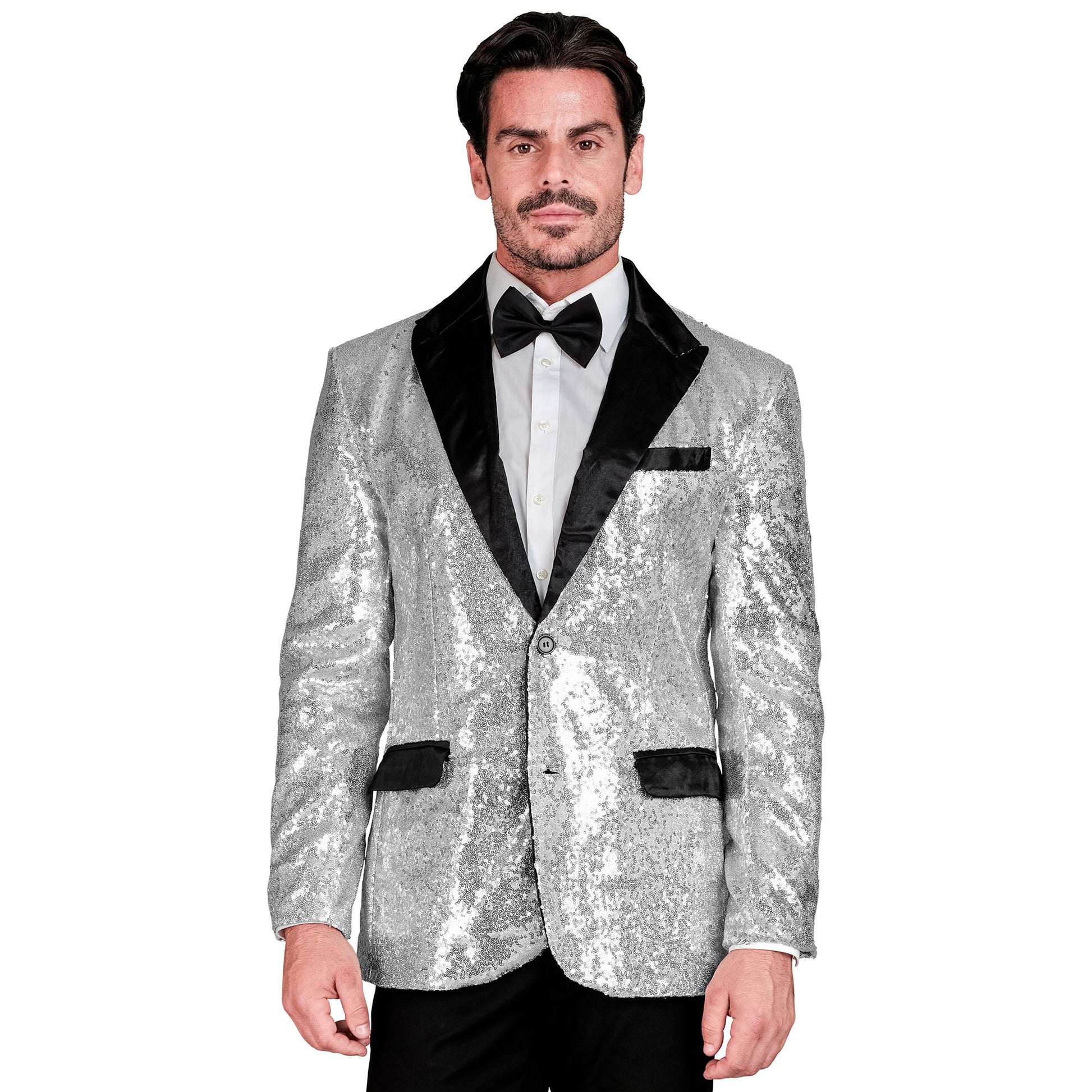 "PARTY FASHION JACKETT" (Pailletten Jackett mit Satinkragen und -taschen silber) – Detailansicht