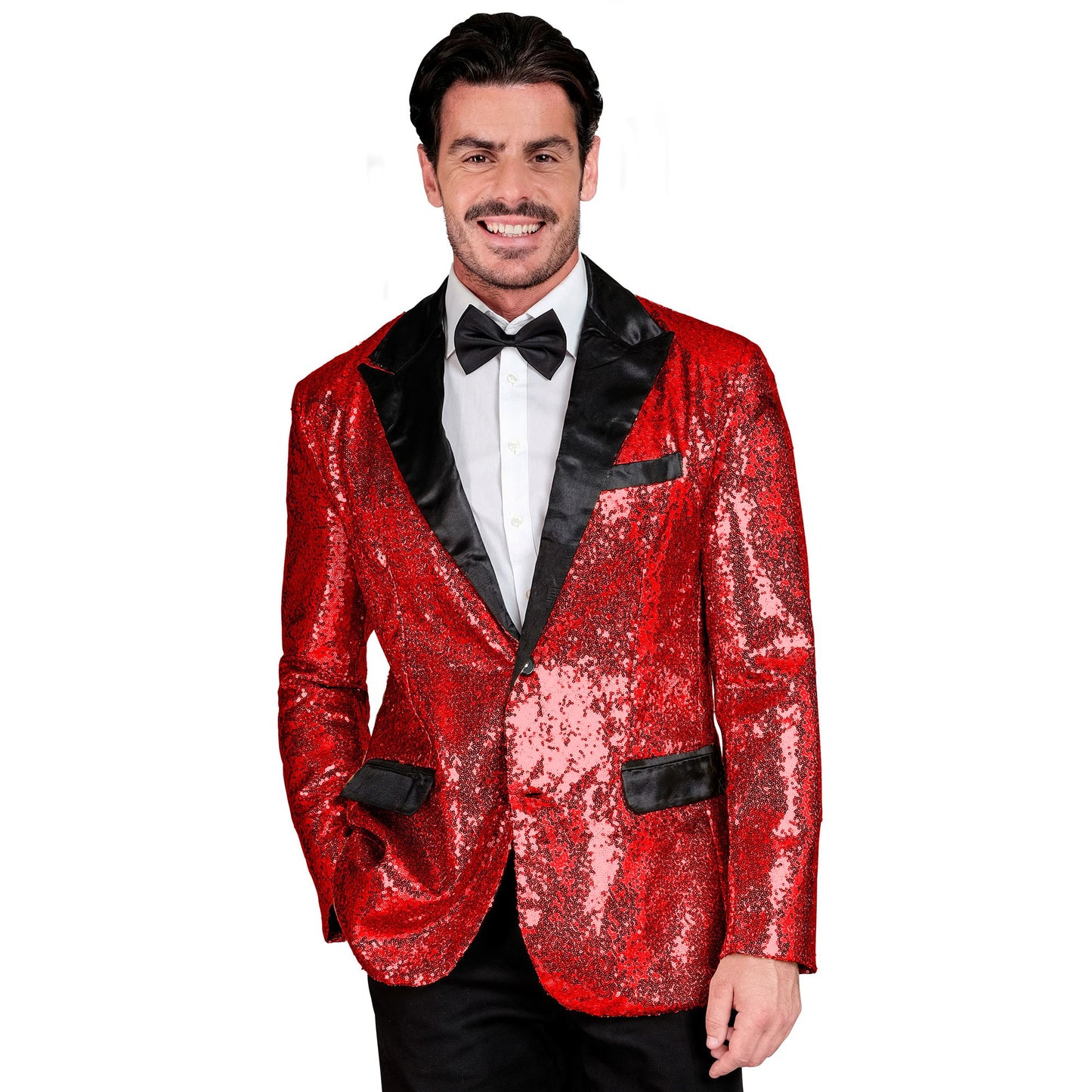 "PARTY FASHION JACKETT" (Pailletten Jackett mit Satinkragen und -taschen rot) – Vorderansicht
