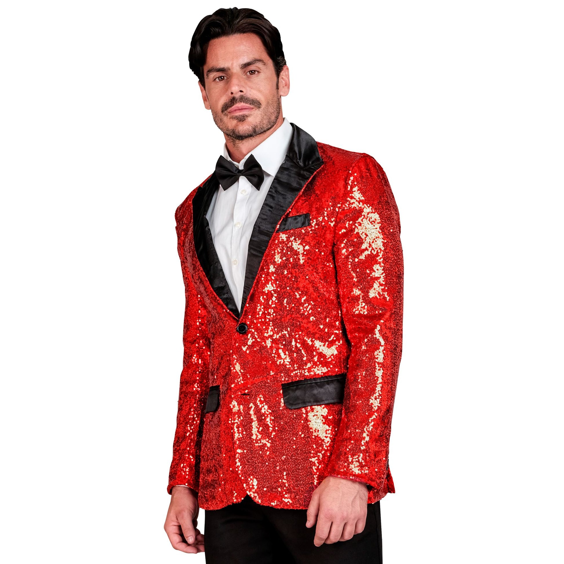 "PARTY FASHION JACKETT" (Pailletten Jackett mit Satinkragen und -taschen rot) – Detailansicht