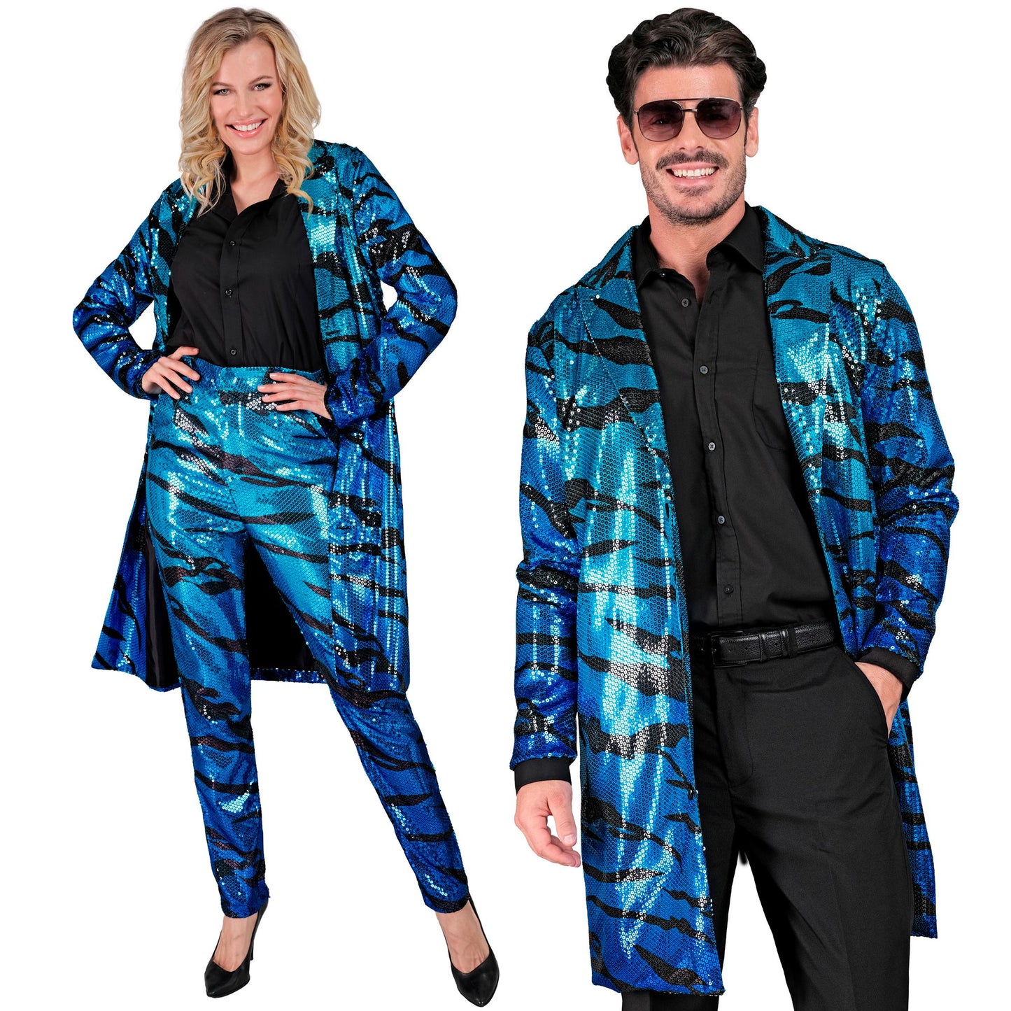 "PARTY FASHION MANTEL" (Paillettenmantel in blue waves Muster) – Vorderansicht