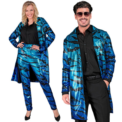 "PARTY FASHION MANTEL" (Paillettenmantel in blue waves Muster) – Vorderansicht