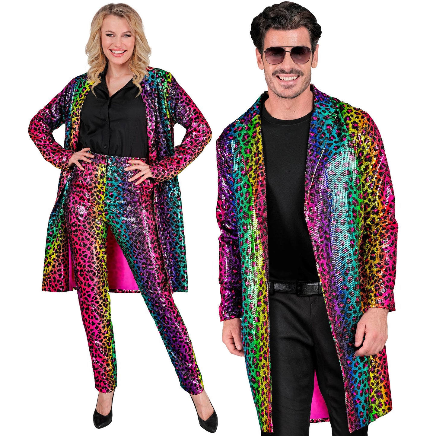 "PARTY FASHION MANTEL" (Paillettenmantel in Leopardenmuster Regenbogen) – Vorderansicht