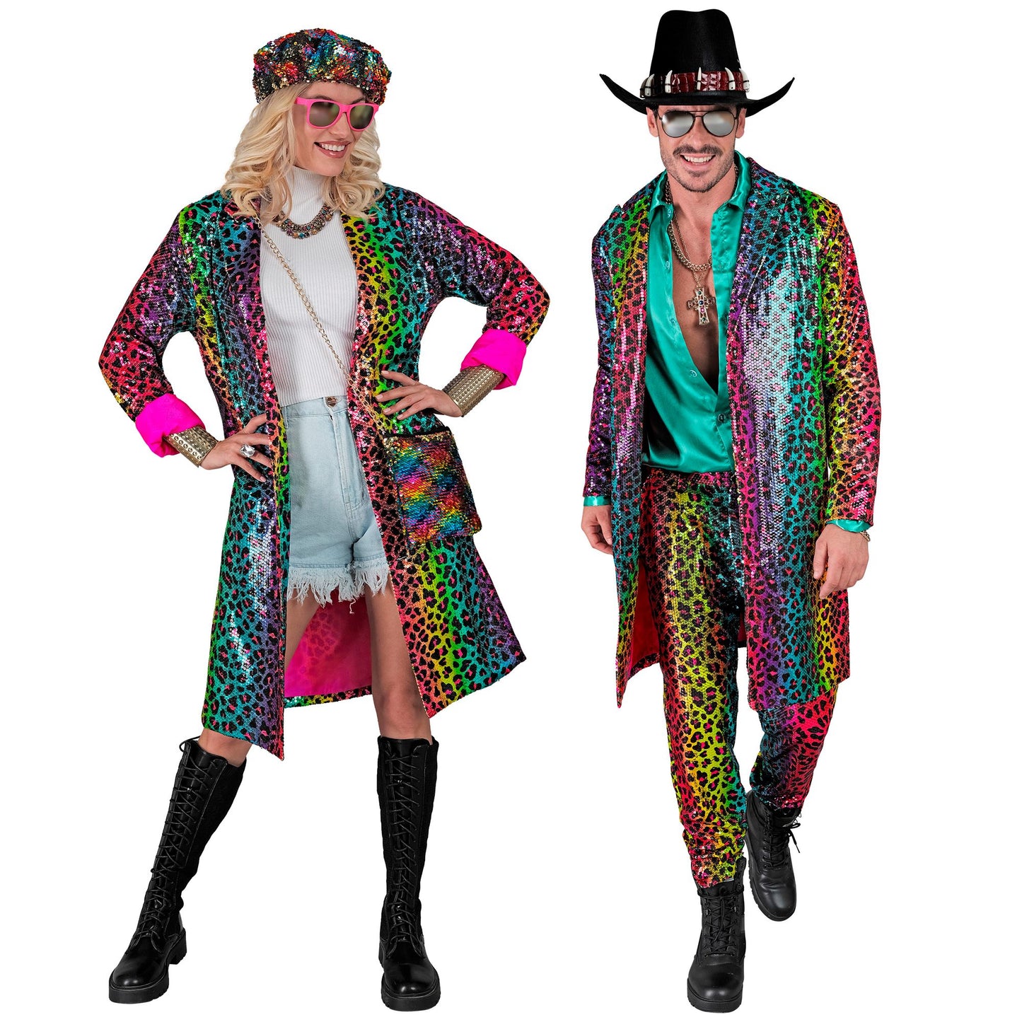 "PARTY FASHION MANTEL" (Paillettenmantel in Leopardenmuster Regenbogen) – Detailansicht