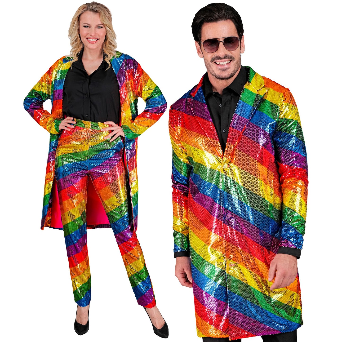 "PARTY FASHION MANTEL" (Paillettenmantel in Regenbogen Muster) – Vorderansicht