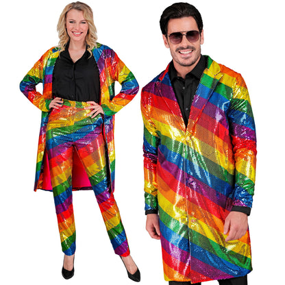 "PARTY FASHION MANTEL" (Paillettenmantel in Regenbogen Muster) – Vorderansicht