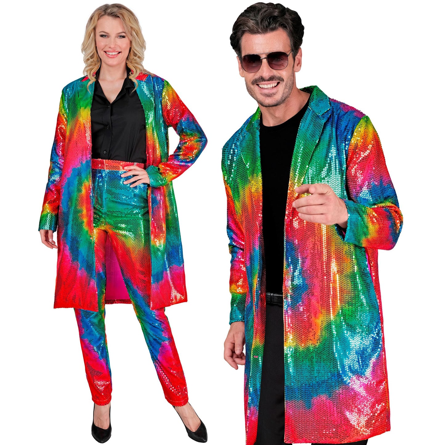 "PARTY FASHION MANTEL" (Paillettenmantel in Tie-Dye Muster) – Vorderansicht