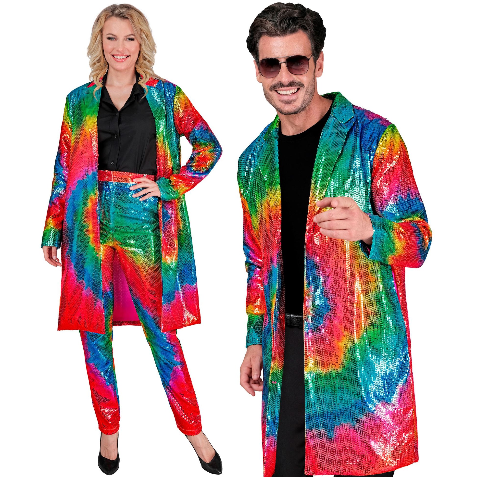 "PARTY FASHION MANTEL" (Paillettenmantel in Tie-Dye Muster) – Vorderansicht