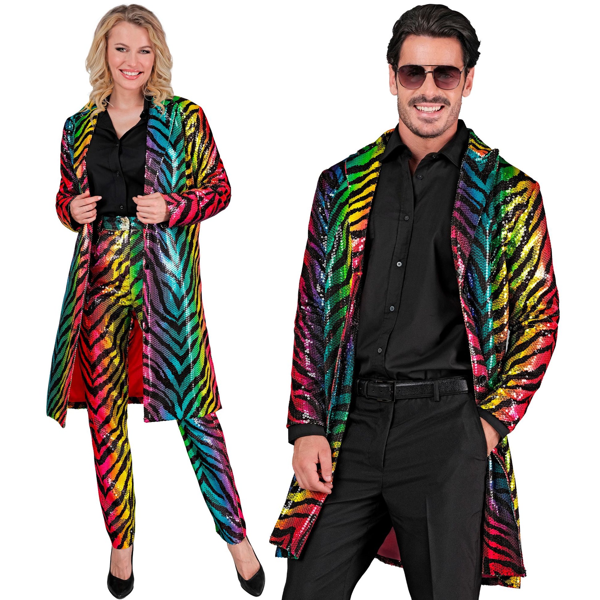 "PARTY FASHION MANTEL" (Paillettenmantel in Tigermuster Regenbogen) – Vorderansicht