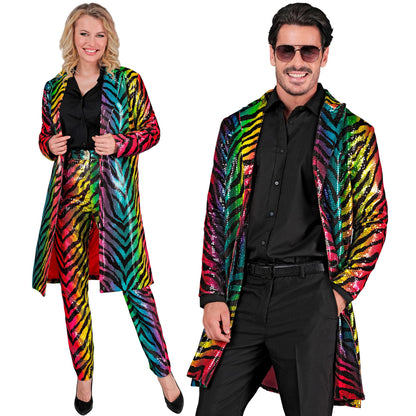 "PARTY FASHION MANTEL" (Paillettenmantel in Tigermuster Regenbogen) – Vorderansicht